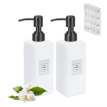 2 Individual Soap Dispensers 350ML Lotion Dispenser with Stainless Steel Pump and 20 Individual Label Stickers Soap and Dish Detergent Dispenser for
