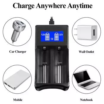 2-канальное зарядное устройство USB с интеллектуальным ЖК-дисплеем для литий-ионных аккумуляторов 26650 25500 22650 22650 18650 18490 18500