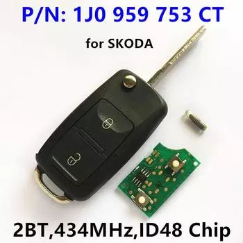 2-кнопочный дистанционный ключ для автомобиля SKODA Fabia, бесключевой доступ/434 МГц/чип ID48/5FA 009 259-00/1J0959753CT/1J0 959 753 CT/753CT