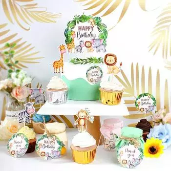 2 комплекта картонных бирки из крафт-бумаги с животными, наклейки, украшения для торта, подарочные подвесные украшения, товары для дня рождения в стиле сафари в джунглях