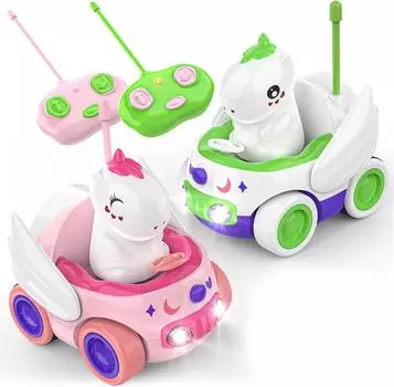 2 комплекта машинок с дистанционным управлением «Единорог» для малышей, подарки в виде единорогов для девочек и мальчиков, игрушки-машинки для детей со светодиодной подсветкой и музыкой