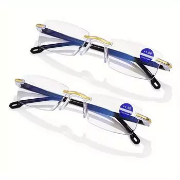 2 комплекта очков для чтения без оправы в винтажном стиле — прямоугольная оправа, блокировка синего света, защита от усталости, унисекс, легкий вес, поликарбонат +100