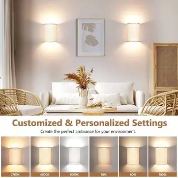 2 комплекта светодиодных настенных бра, тканевые льняные абажуры со световой панелью, настенный светильник с регулируемой яркостью RGB, пульт дистанционного управления, настенное крепление для помещений