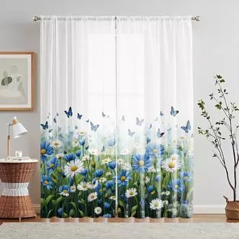 2-компонентный HD цифровой экран для печати на окнах с цветами маргариток, цвет морской волны, стиль домашнего декора, гостиная, спальня, Rodd W52H63inchW132H160cm