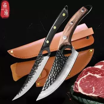 2 кованых кухонных ножа из нержавеющей стали, нож мясника, нож шеф-повара для нарезки костей, нож для барбекю, рыболовный нож с оболочкой, кухонные инструменты 1 set