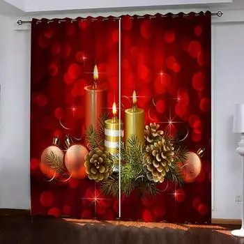 2 красные полузатемняющие шторы с принтом Санты, зимние снежинки, праздничный полиэстер, подходящие для гостиной, кухни, спальни 50W130H(CM)2PCS&Hook