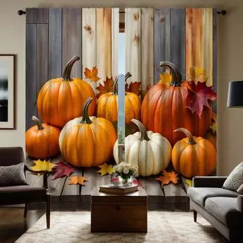 2 куска HD дерева на тыкве кленовый лист занавеска желтый галстук цифровая печать занавеска украшение дома стиль украшение гостиная W52H63inchW132H160cm