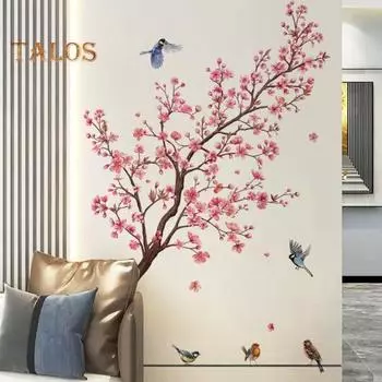 2 листа/компл., стикер на стену с цветочным деревом, розовый цветок, птица, водонепроницаемый, съемный из ПВХ, для гостиной, спальни, современное настенное художественное украшение A