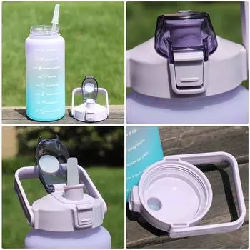 2 литра спортивная бутылка для воды большой емкости для отдыха на открытом воздухе креативный пластиковый стаканчик с откидным чехлом для отдыха на открытом воздухе герметичный стаканчик с соломинкой и маркером времени фиолетовый