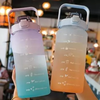 2-литровая бутылка для воды, мотивационная бутылка для питья с маркером времени, соломенные градиентные пластиковые чашки для фитнеса, уличная посуда для напитков 2000ml