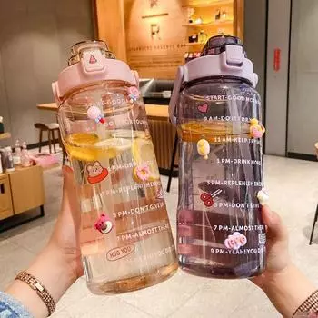 2-литровая бутылка для воды с соломенным женским кувшином, портативные дорожные бутылки для девочек, чашка для фитнеса и велосипеда, летний кувшин для холодной воды с маркером времени