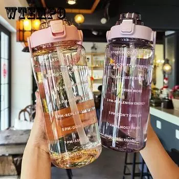 2-литровая бутылка для воды с соломинкой, большие портативные дорожные бутылки для женщин и девочек, спортивная чашка для фитнеса, летняя холодная вода со шкалой времени 2L 64OZ розовый
