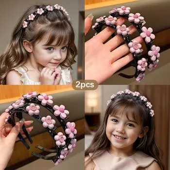 2 little girls new braided hair headband pink flower children s hair accessory