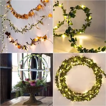 2 метра, 20 ламп, светодиодный медный провод вокруг зеленого водонепроницаемого листа, гирлянда, кнопка, батарейный отсек для белый