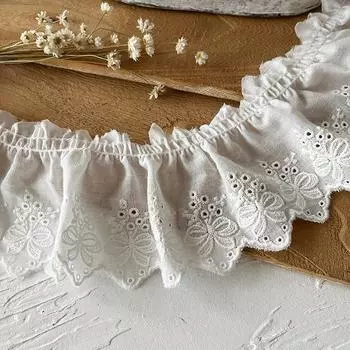 2 метра/лот 7 см шириной Хлопчатобумажная вышитая кружевная ткань с бантом-складкой Женская юбка Край Манжета Декоративное кружево Аксессуары 2meters белый