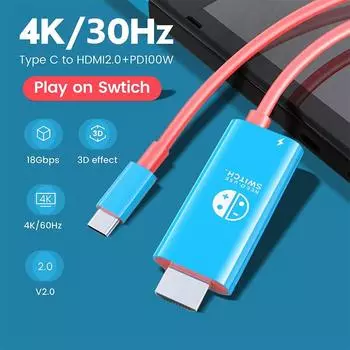 2-метровый портативный кабель-переходник USB Type C - HDMI 4K 30 Гц для режима док-станции TV на Nintendo Switch Steam Deck