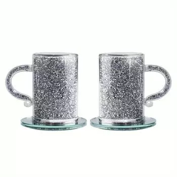 2 набора серебристых стеклянных кофейных кружек с подставками 6,7 унций (Подставки-3,9 дюйма DX 0,4 дюйма H) Стеклянные кружки, наборы кофейных чашек, чашка для капучино, наполненная блестящим хрустальным крю 4pcs2 Cups +2 Coasters