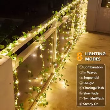 2 Pack 33ft 100 LED Solar Fairy Light Artificial Ivy Leaves Plant Vine Outdoor String Lights for Camping Yard Fences Wall Window