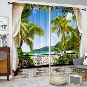 2 Pack Blue Ocean Coconut Leaf Printed Translucent Curtains Living Room Playroom Bedroom Polyester Rod Pocket Decor Curtains 100W130H(CM)40x51in&Grommet Top
