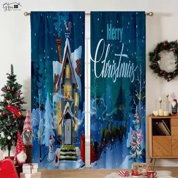 2 шт. Рождественские декоративные шторы с мультяшным принтом Санта-Клауса для спальни, столовой, праздничной вечеринки W50xH130(CM)x2PCS&Grommet Top