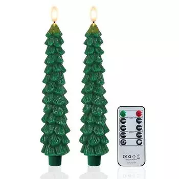 2 Pack Christmas Tree LED Candles Flameless Taper Candles Christmas Decor Tree Lighting Flickering LED Candlesticks 2 Pack