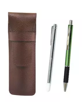 2 Pack Grained Chocolate Color Cowhide Pencil Case Metal Indicator Stick and Metal Pitch Grip Ballpoint Pen Set Green & SASTYO-701S-WZ2067BP-G-2