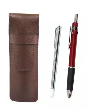 2 Pack Grained Chocolate Color Cowhide Pencil Case Metal Pointing Stick and Triangle 3 Mechanical Rubber Set Red SASTYO-701S-TR3M-R-2