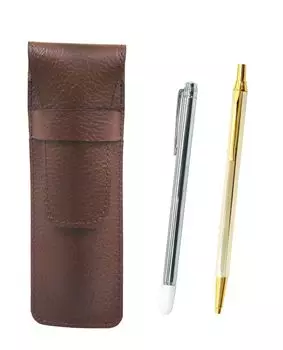 2 Pack Grained Chocolate Color Cowhide Pencil Case Metal Pointing Stick and Z66 Whole Body Gold Hexagon Knock Metal Ballpoint Pen Set