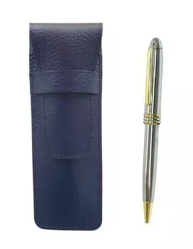 2 Pack Grained Leather Pencil Case Blue Brilliant Silver Rotating Ballpoint Pen Set SASL-PD07-2