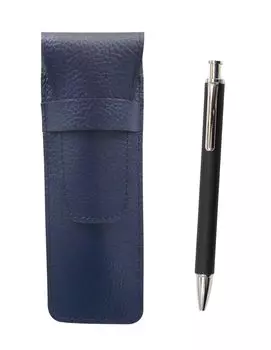 2 Pack Grained Leather Pencil Case Blue Extruded Rubber Shaft Brass Knock Ballpoint Pen Set Black SASL-HS301B-2