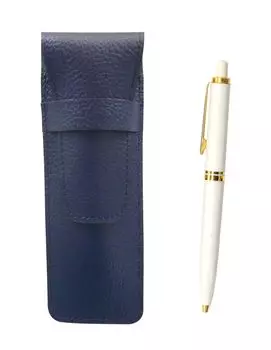 2 Pack Grained Leather Pencil Case Blue Euro Style Brass Parts Retractable Ballpoint Pen Set White SASL-NXB-W-2