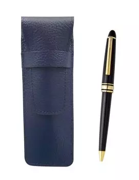 2 Pack Grained Leather Pencil Case Blue Metal Ring Cap Sliding Retro Pen Set SASL-8838B-2