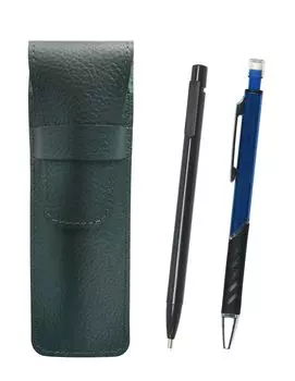 2 Pack Grained Leather Pencil Case Moss Green Extra Fine Knock Type Eraser Black and Metal Color Mechanical Pencil Blue SASMGER15B-SI2067SP-L-2
