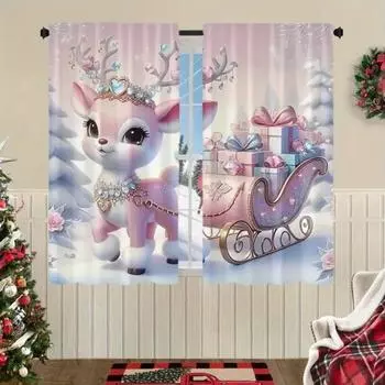 2-Pack Modern Jacquard Polyester Doorway Curtains With Pink Reindeer Christmas Theme,Rod Pocket Drapes for Bedroom Living Room 2x50W130H(CM)40x51in&Hook