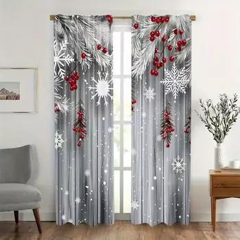 2-Pack Polyester Christmas Pine and Snowflakes Design Curtains With Embossed Digital Print, Machine Washable Rod Pocket Drapes 50W160H(CM)x2Panel&Hook