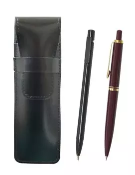 2 Pack Slim Cowhide Pencil Case Black Extra Fine Knock Type Eraser Black and Euro Style Brass Parts Knock Type Mechanical Pencil Set Red