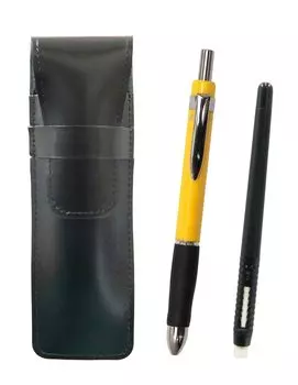 2 Pack Slim Cowhide Pencil Case Black Eraser Black and Triangle 3 Mechanical Rubber Set Yellow Pen-shaped T23-ASBMC46B-TR3M-Y-2