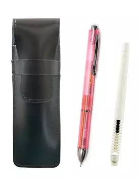 2 Pack Slim Cowhide Pencil Case Black Pen Type Eraser White and 3 Mecha Japan Clear Set Pink T23-ASBMC46W-CL3M-P-2