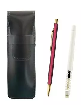 2 Pack Slim Cowhide Pencil Case Black Eraser White and All Metal Metallic Wine Robust Hexagon Ladies Mechanical Pencil Set Pen-shaped