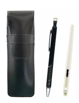 2 Pack Slim Cowhide Pencil Case Black Pen Shape Eraser White and Metal Color Mechanical Pencil Black T23-ASBMC46W-SI2067SP-B-2
