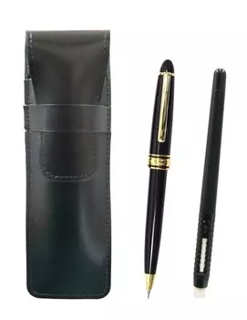 2 Pack Slim Cowhide Pencil Case Black Pen Shape Eraser Black and Metal Ring Cap Sliding Retro Mechanical Pencil Set T23-ASBMC46B-8838S-2