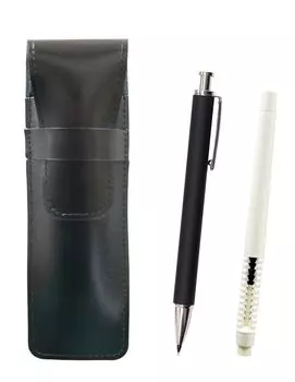 2 Pack Slim Cowhide Pencil Case Black Pen Shape Eraser White and Extruded Rubber Shaft Brass Knock Mechanical Pencil Set Black T23-ASBMC46W-HS301S-2