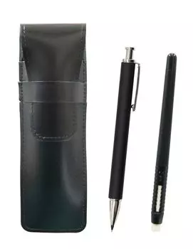 2 Pack Slim Cowhide Pencil Case Black Pen Shape Eraser Black and Extruded Rubber Shaft Brass Knock Mechanical Pencil Set Black T23-ASBMC46B-HS301S-2