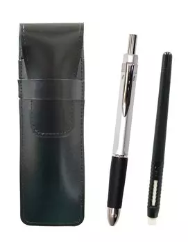 2 Pack Slim Cowhide Pencil Case Black Eraser Black and Triangle 3 Mechanical Rubber Silver Set Pen-shaped T23-ASBMC46B-TR3MS-2