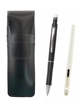 2 Pack Slim Cowhide Pencil Case Black Pen Shape Eraser White and Metal Point Mechanical Pencil Black T23-ASBMC46W-WZ13SP-B-2