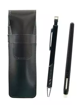2 Pack Slim Cowhide Pencil Case Black Pen Shape Eraser Black and Metal Color Mechanical Pencil Black T23-ASBMC46B-SI2067SP-B-2