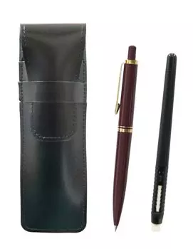 2 Pack Slim Cowhide Pencil Case Black Pen Shape Eraser Black and Euro Style Brass Parts Retractable Mechanical Pencil Set Red T23-ASBMC46B-NXS-R-2