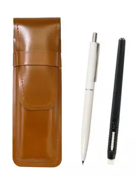 2 Pack Slim Cowhide Pencil Case Brown Eraser Black and AP150 1965 Reprint Edition Ladies Mechanical Pencil Set with Metal Clip White Pen-shaped