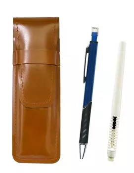 2 Pack Slim Cowhide Pencil Case Brown Pen Shape Eraser White and Metal Color Mechanical Pencil Blue ASCMC46W-SI2067SP-L-2