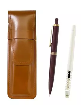 2 Pack Slim Cowhide Pencil Case Brown Pen Shape Eraser White and Euro Style Brass Parts Retractable Mechanical Pencil Set Red ASCMC46W-NXS-R-2